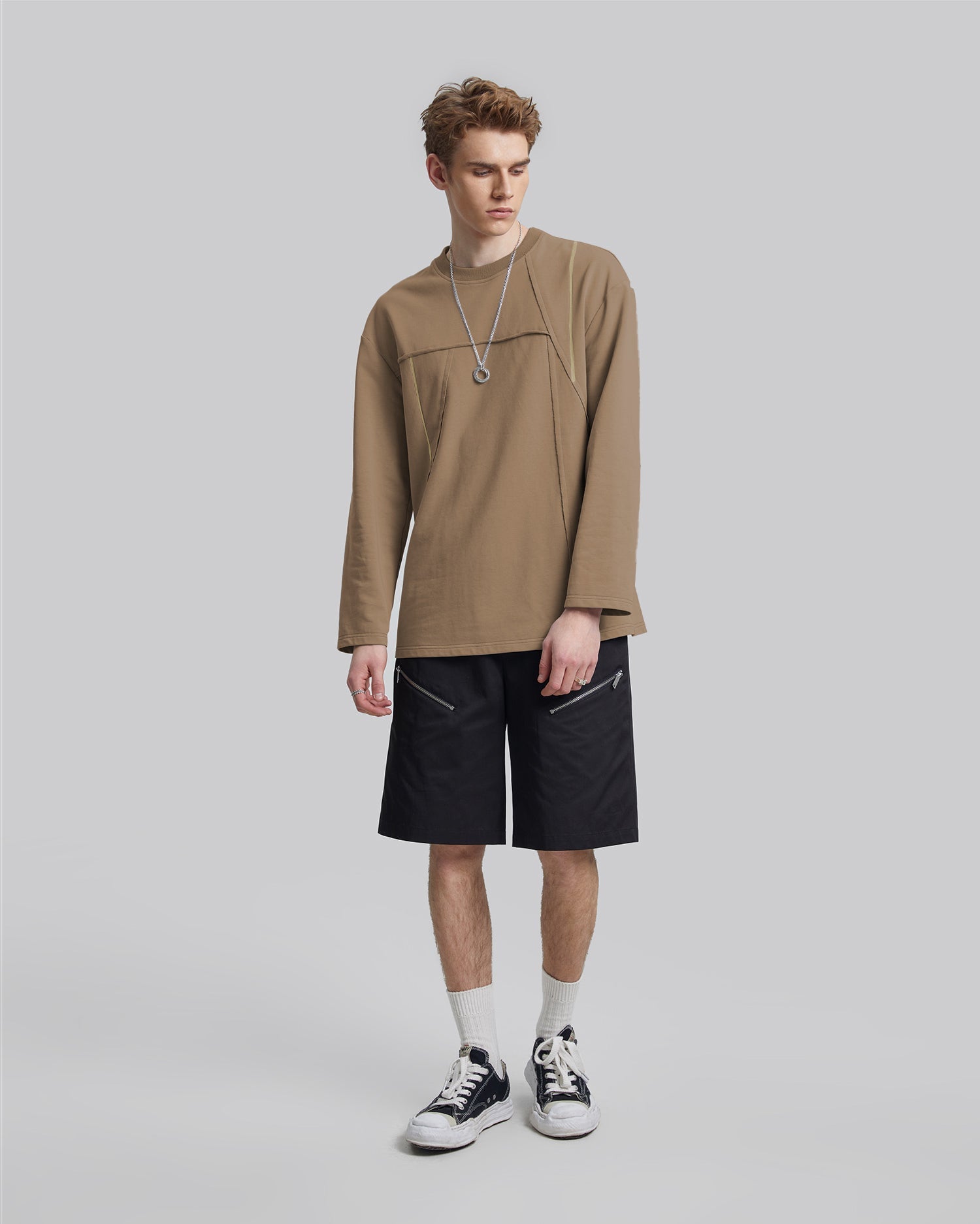 Geometric Seam Crewneck Sweatshirt - Khaki, S image