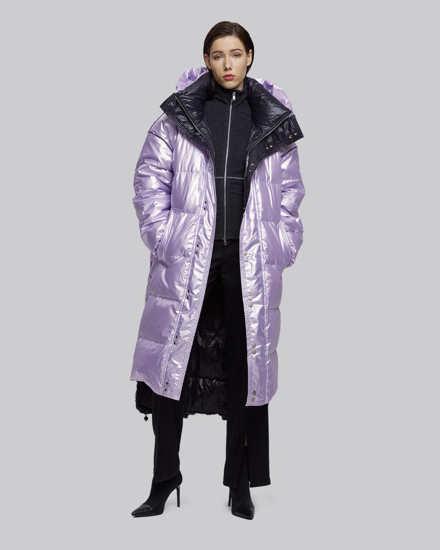Long Puffer Jacket with Adjustable Waistline - Purple, L image