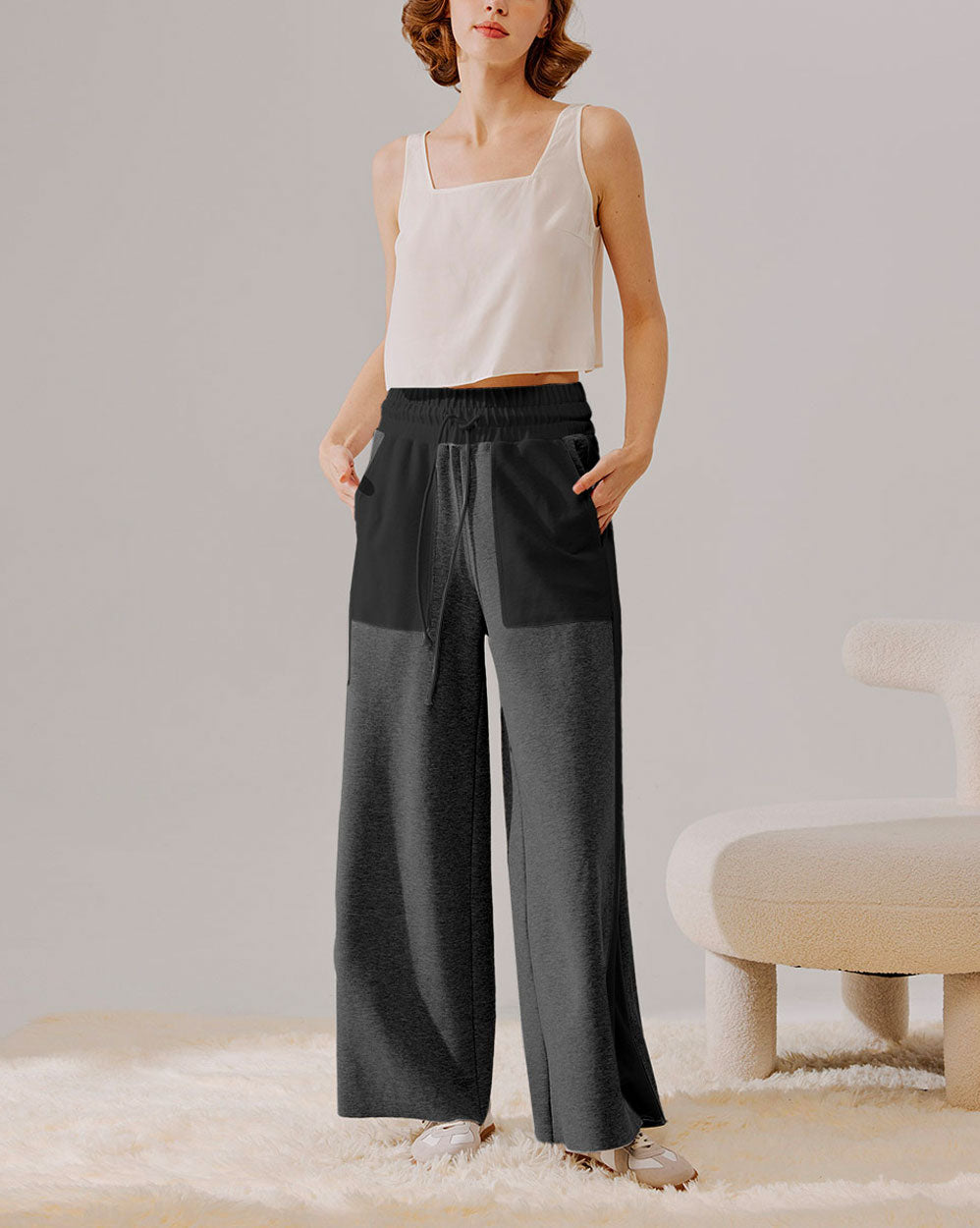 Drawstring Wide Leg Paneled Pants - Tundora Panel, M image