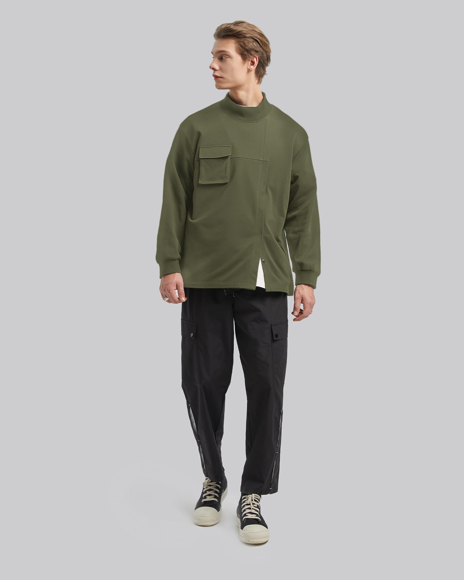Off Center Pleat Sweatshirt - Olive Green, S image