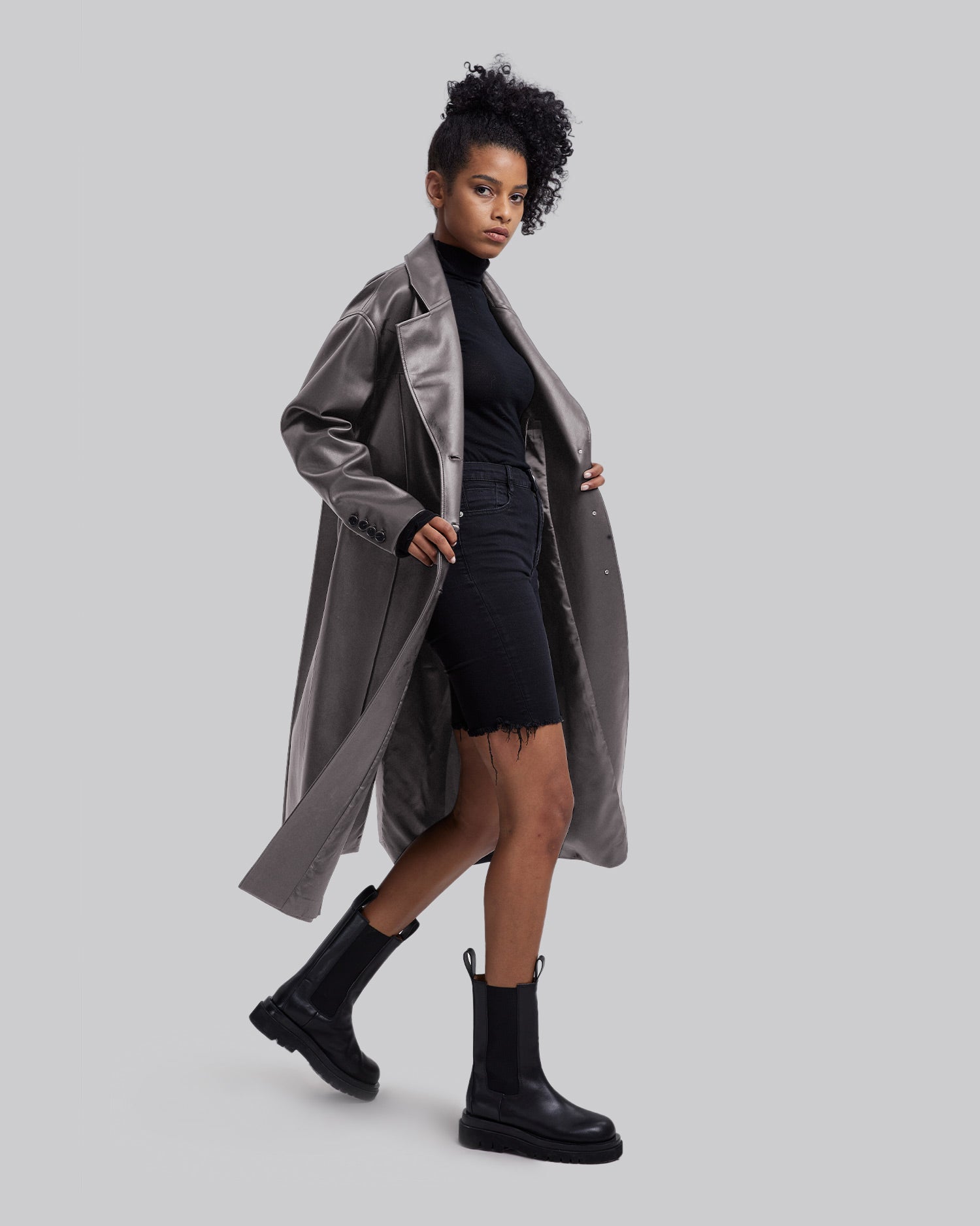 Faux Leather Coat with Pinched Pleats - Light Brown, L image
