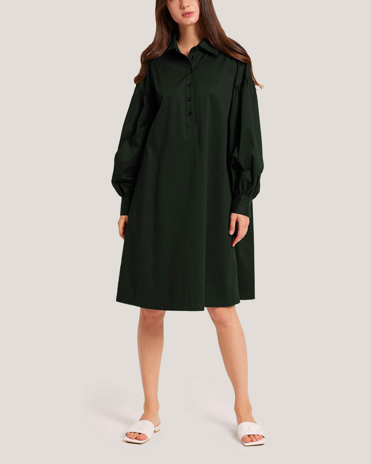 Long Sleeve Cotton-Blend Dress - Dark olive, M image