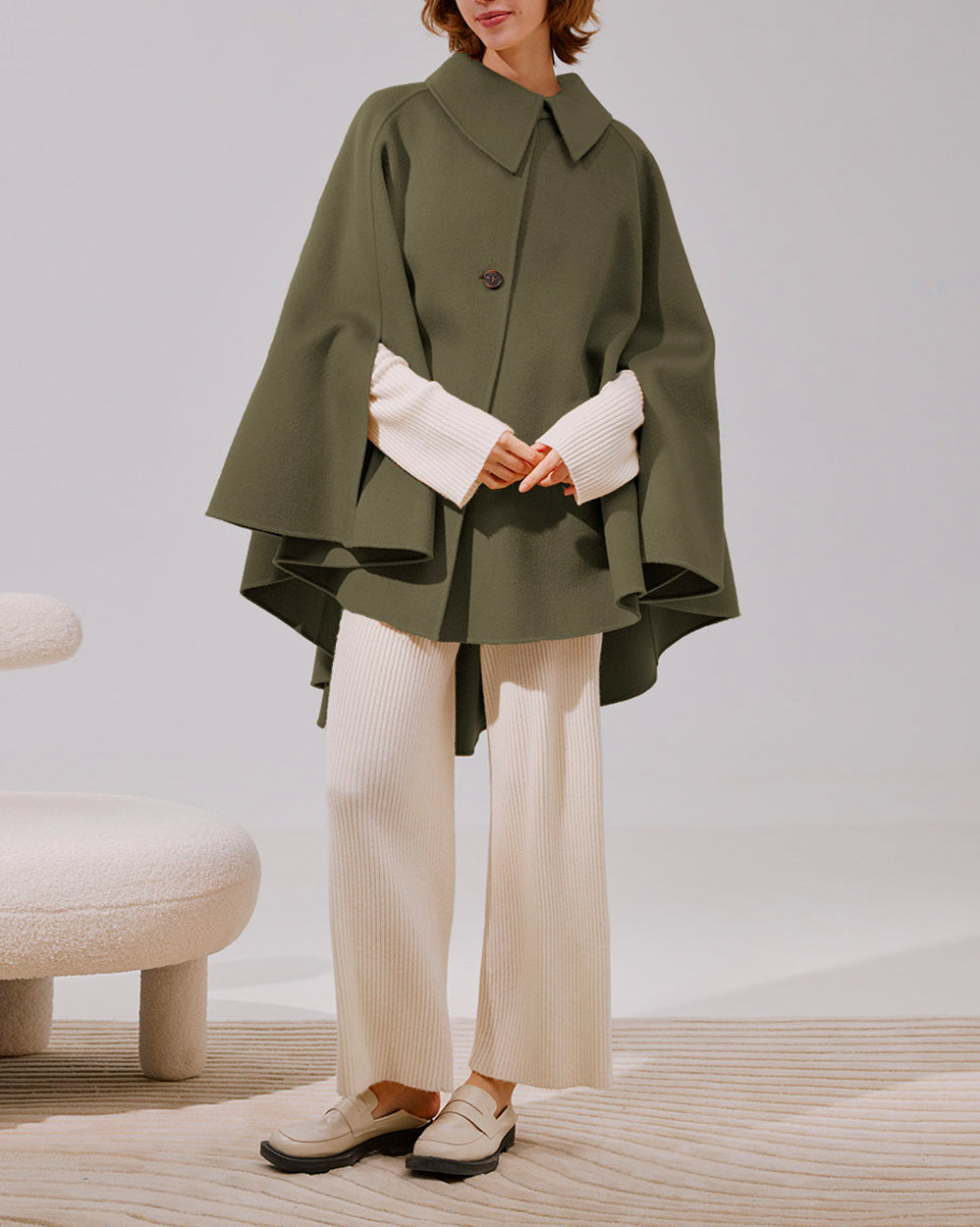 Button Front Wool Cape Coat - Army Green, OS image