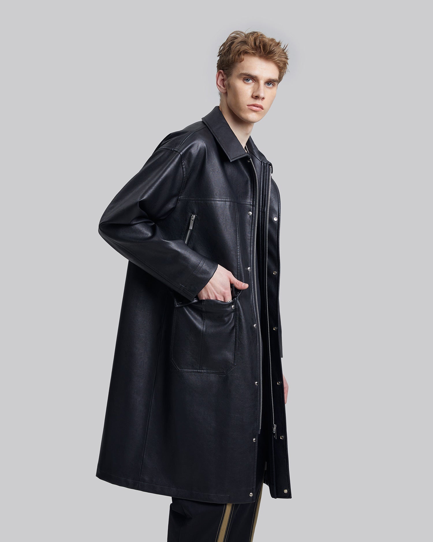 Multi-Pocket Leather-Like Long Coat image 2