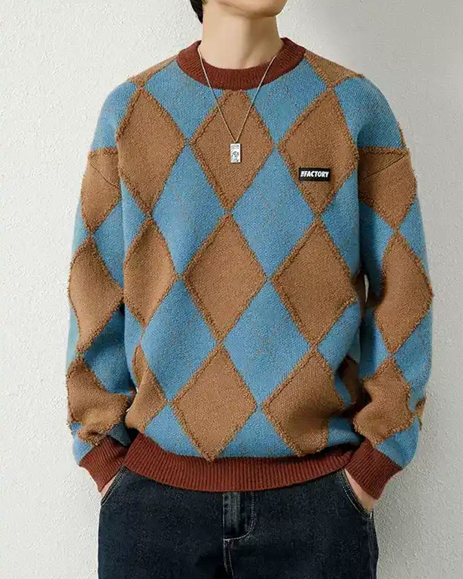 Checked Crewneck Jumper - Brown, L image