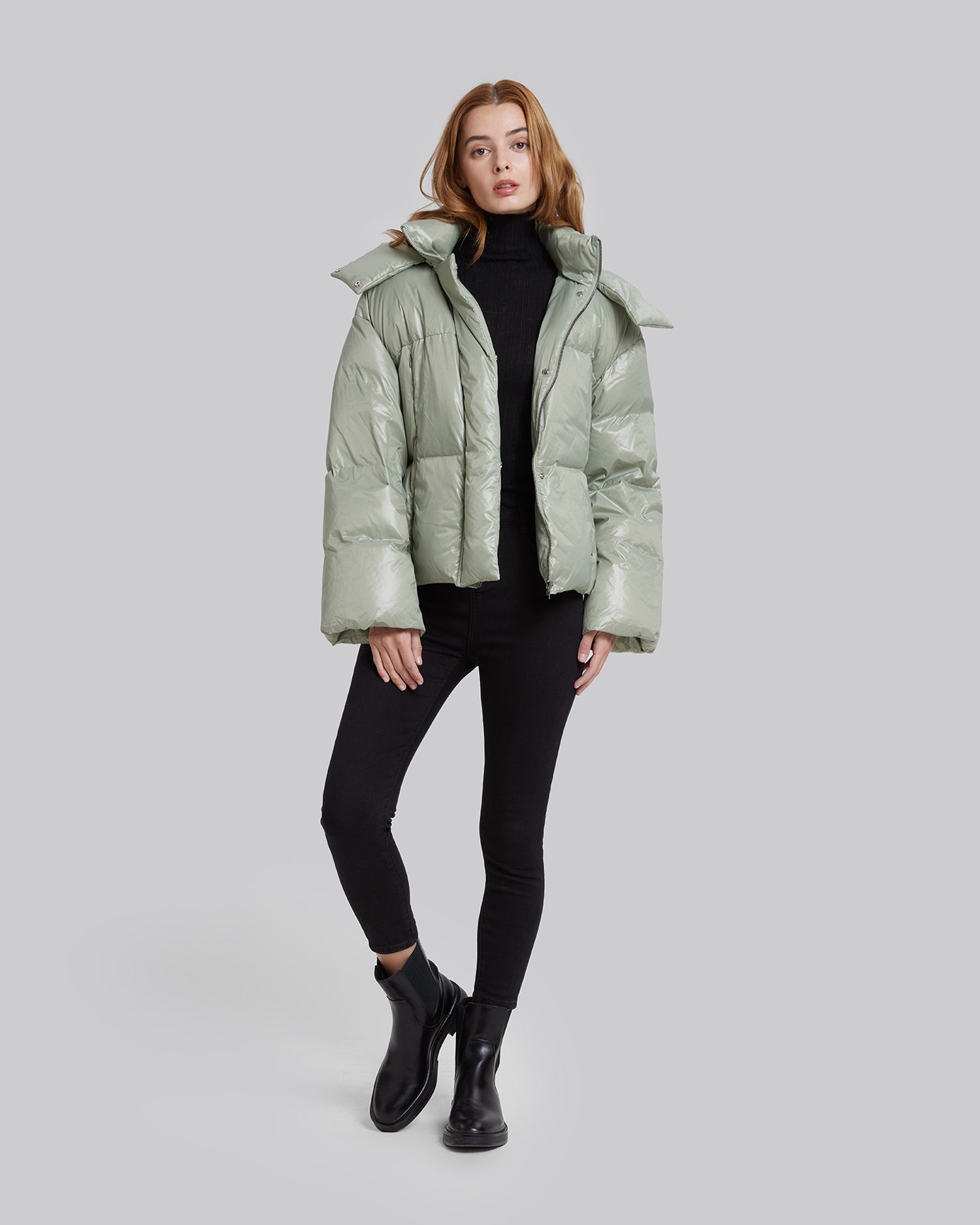 Duck Down Cropped Puffer Jacket - Green, M image