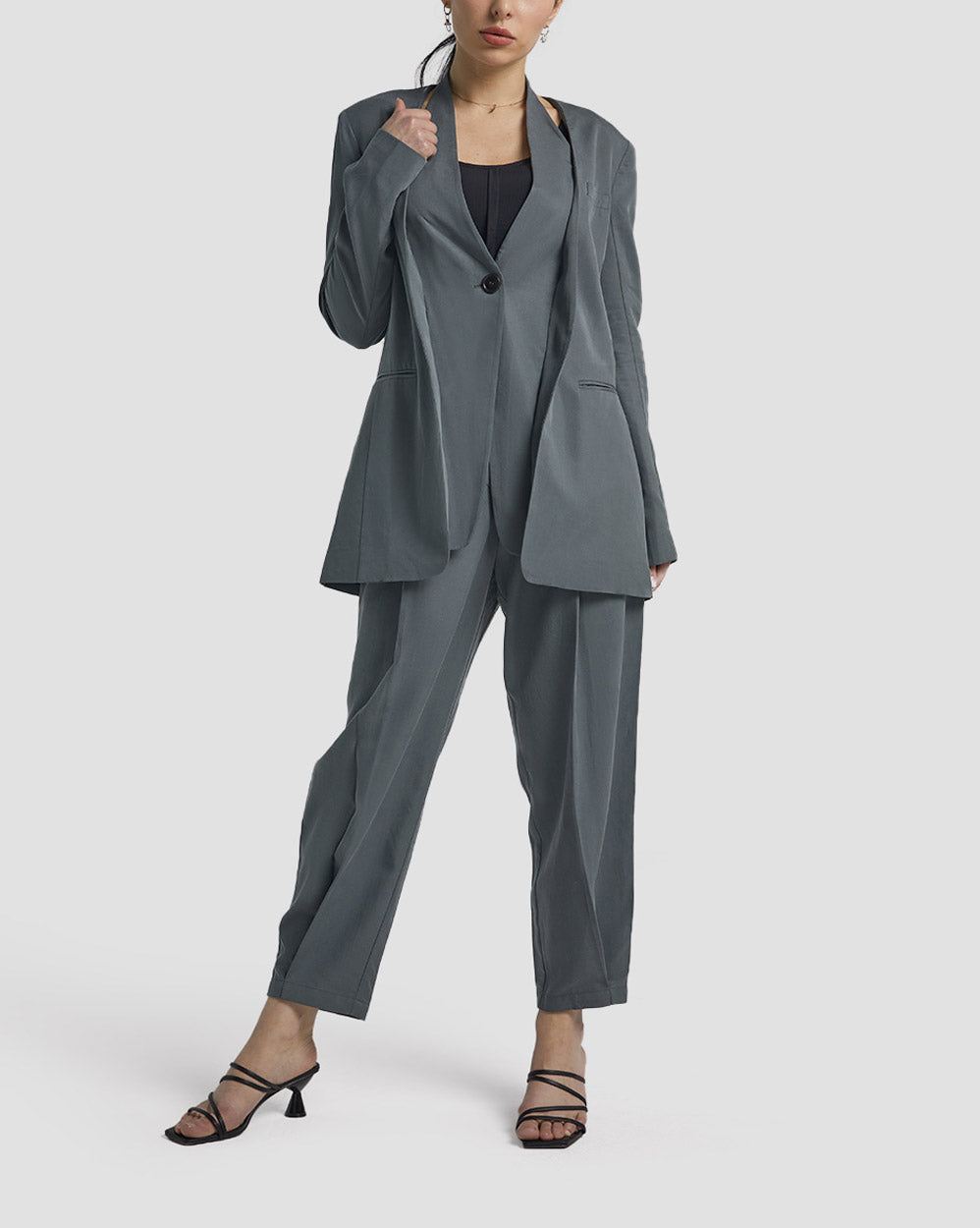 1 × Linen Layered Blazer - Dark Grey, XS image