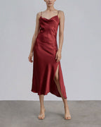 Spaghetti Strap Bias Cut Silk Dress - Burgundy, L image