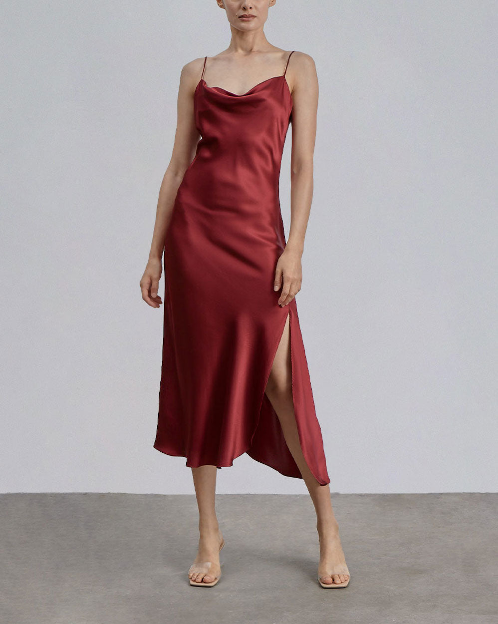 Spaghetti Strap Bias Cut Silk Dress - Burgundy, L image
