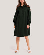 Long Sleeve Cotton-Blend Dress - Dark olive, S image