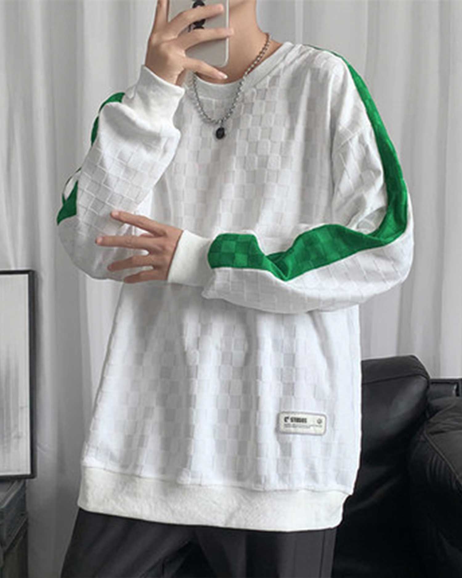 Plaid Jacquard Crewneck Sweatshirt - Moon White, XL image