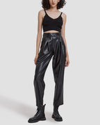 Faux Leather Front Pleat Pants - Black, M image