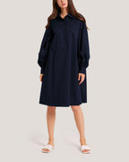 Long Sleeve Cotton-Blend Dress - Navy, M image