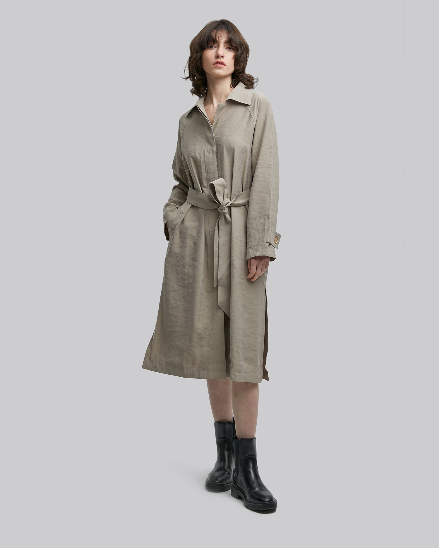 Belted Side Slit Long Shirt Dress - Brown, S image