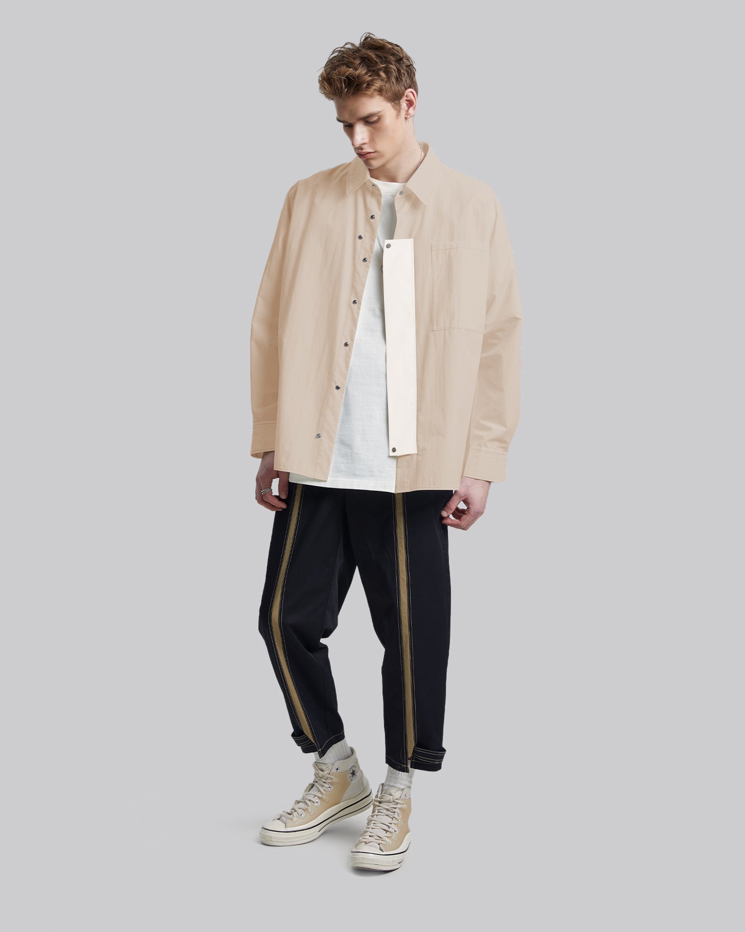 Unique Placket Shirt - Light Khaki &amp; White, S image