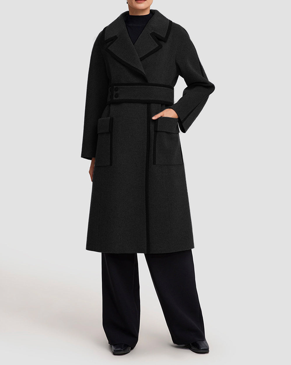 Belted Trimmed Wool-Cashmere Coat - Black, XL image