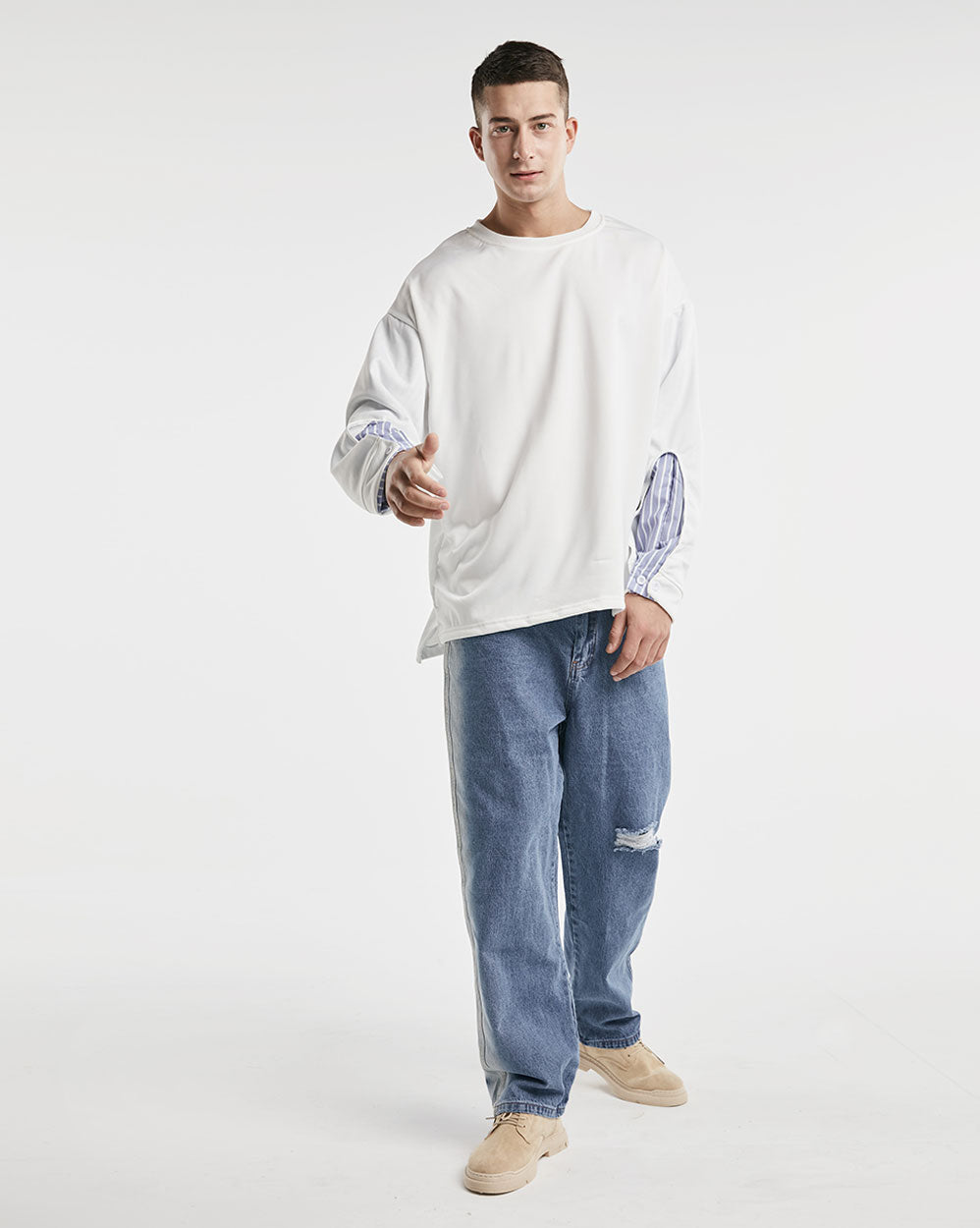 Oversized Crewneck Patchwork Sweatshirt - White, M image