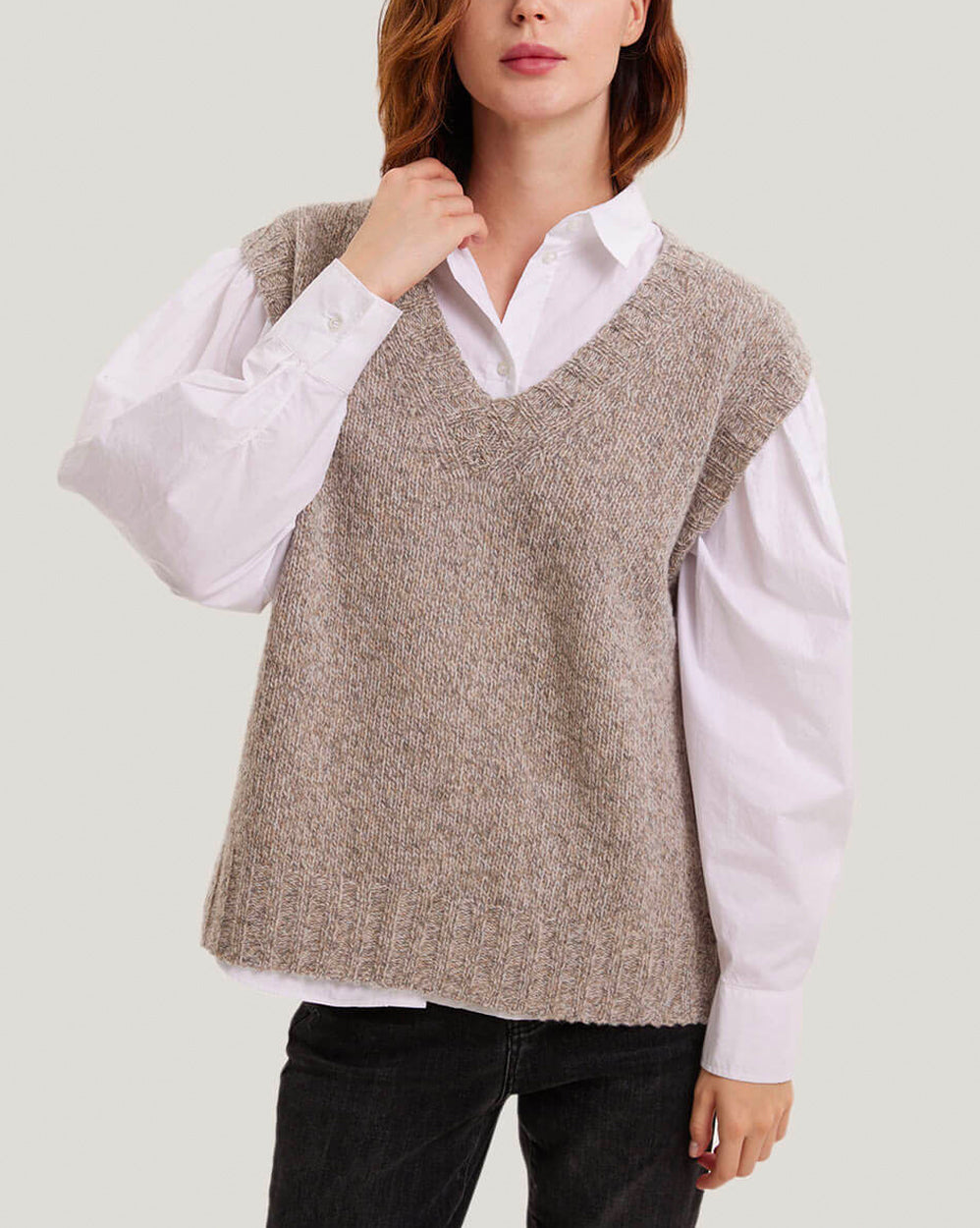 V-Neck 100% Wool Sweater Vest - Grey Melange, XL image