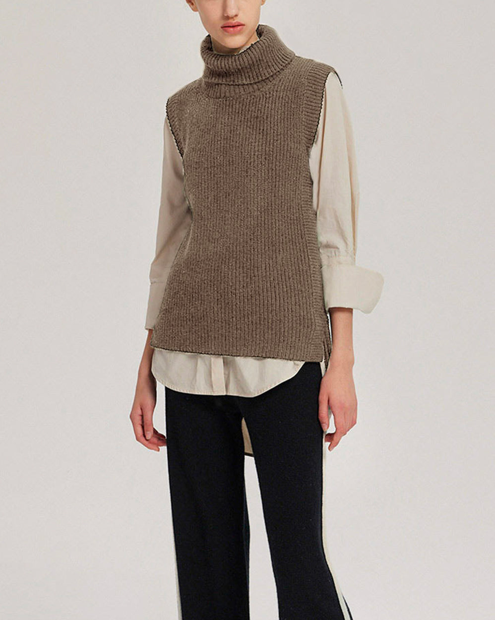 Turtleneck Knitted Pure Merino Wool Vest - Oatmeal, XS image