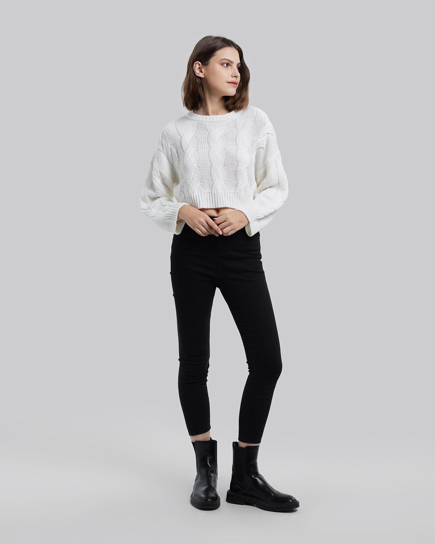 Cropped Cable Knit Sweater - White, S image