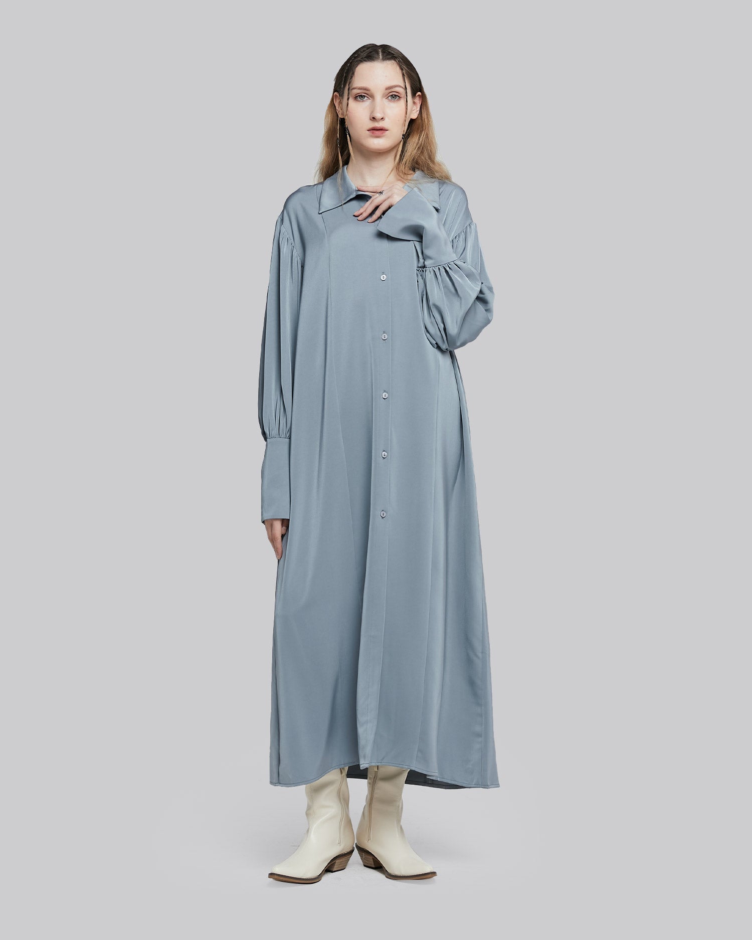 Buttoned Back Drape Shirt Robe - Frost Blue, M image