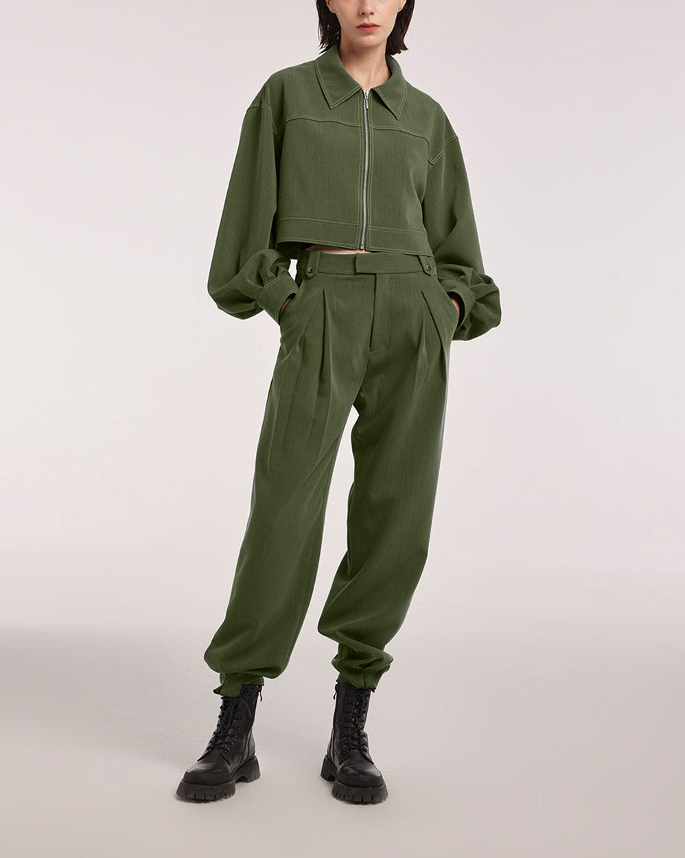 Belt Pleated Pants - Moss Green, M image