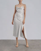 Spaghetti Strap Bias Cut Silk Dress - Silver-White, XL image