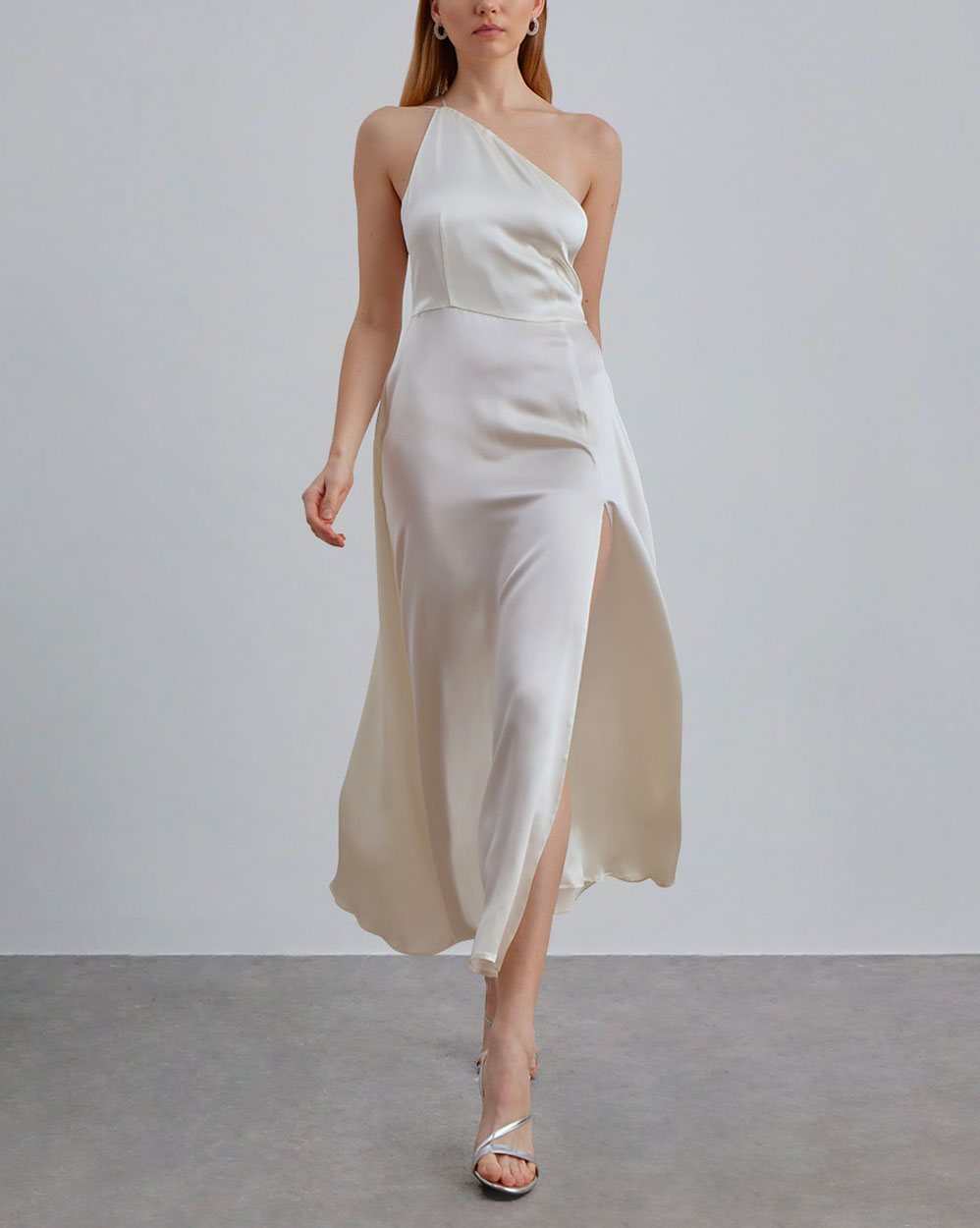 Silk One Shoulder Maxi Dress - Ivory, XL image