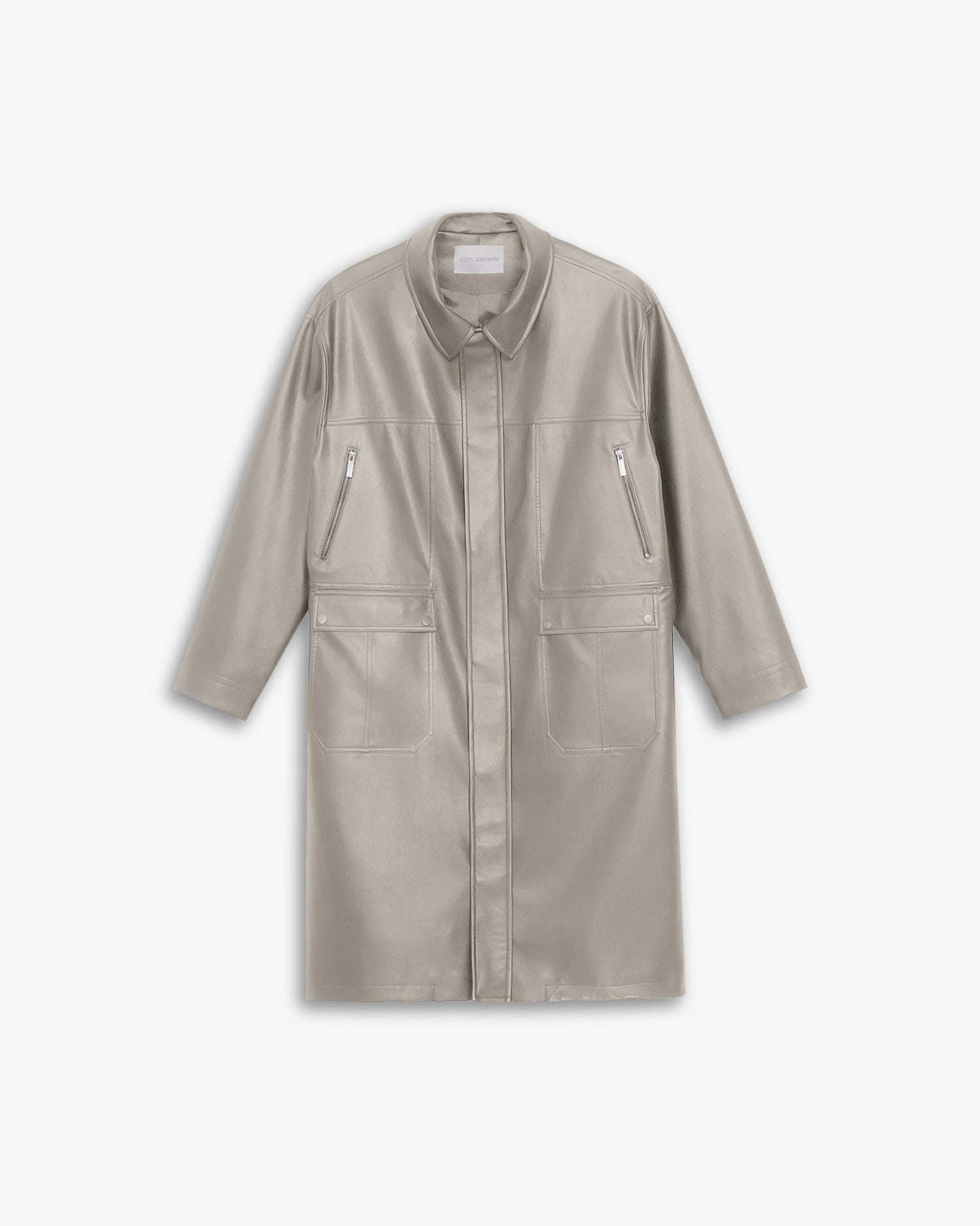 Multi-Pocket Leather-Like Long Coat - Champagne, S image