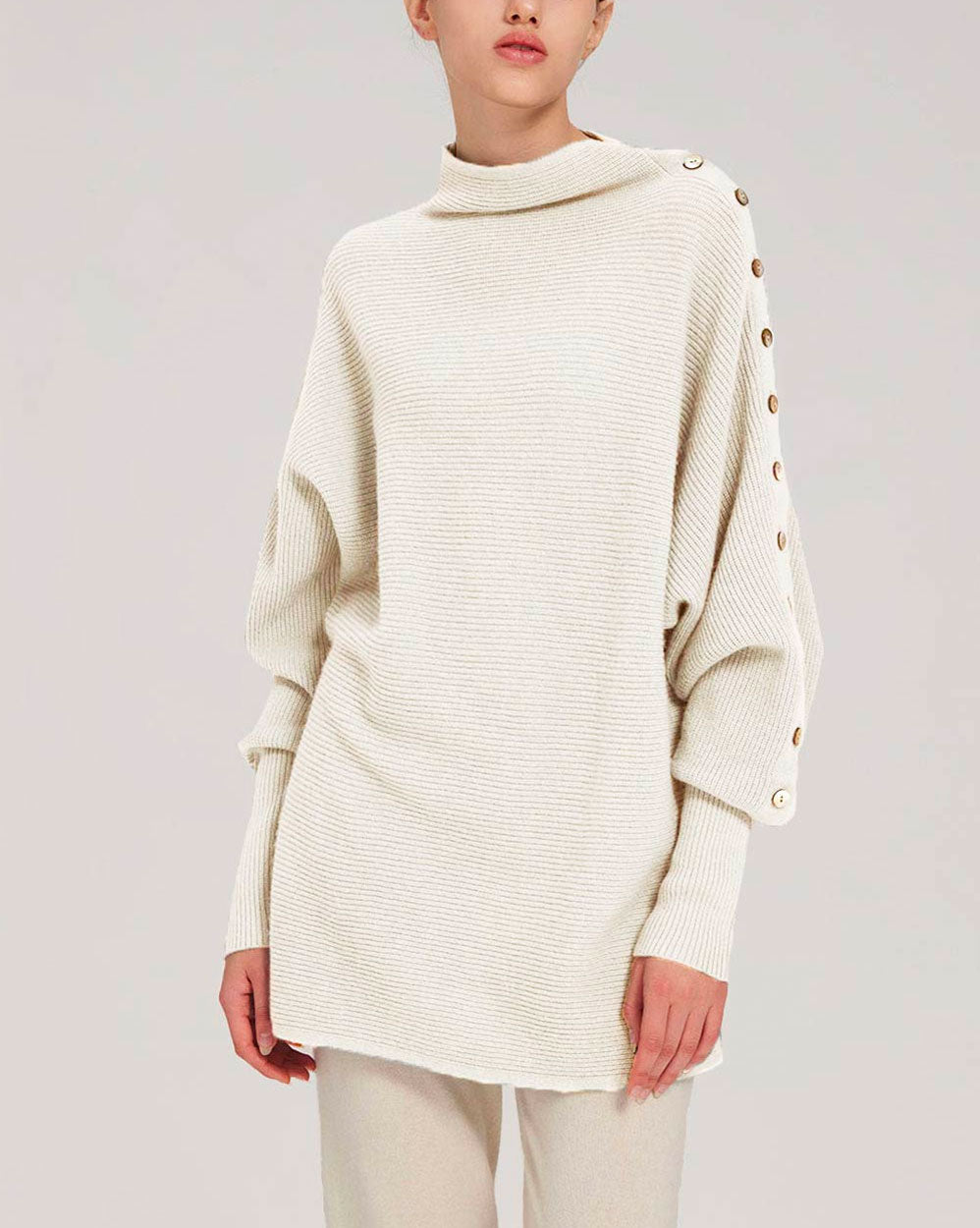 Button-Sleeve Cashmere Sweater - Ivory, XS image