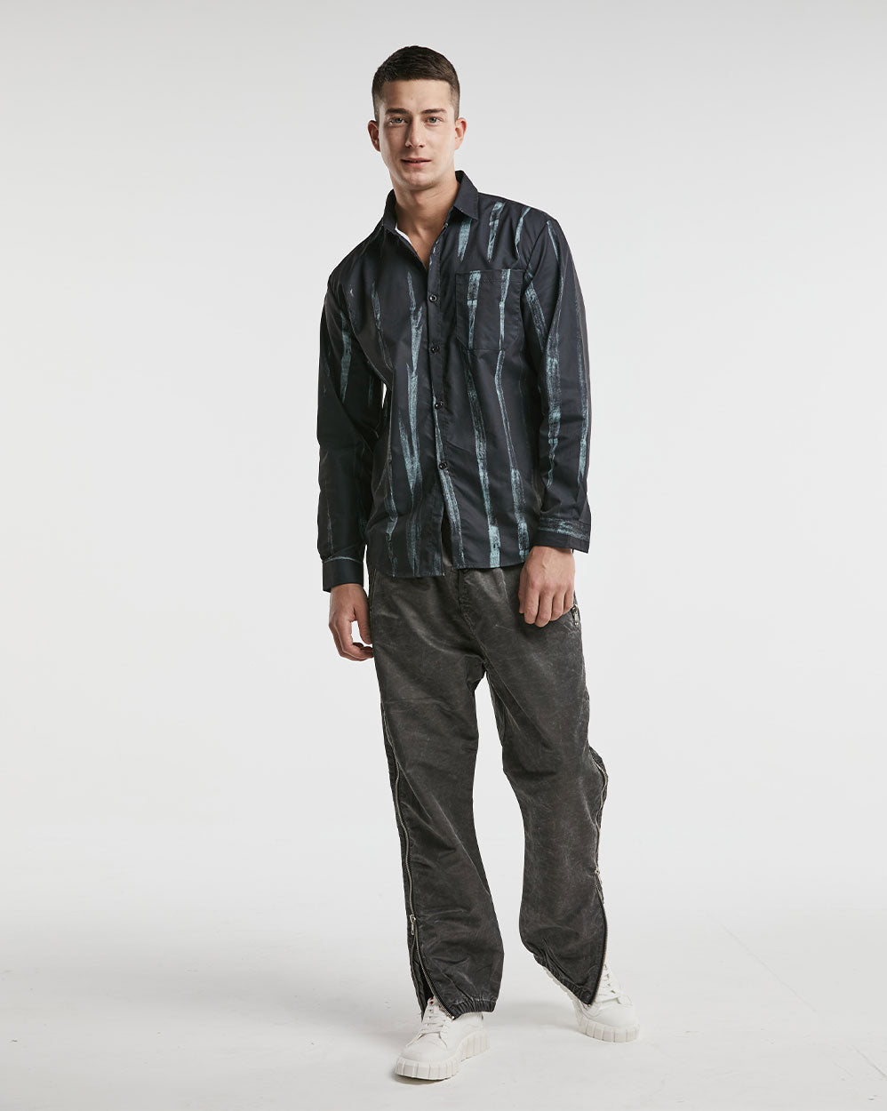 Irregular Striped Print Long-Sleeve Shirt - Black, XS image