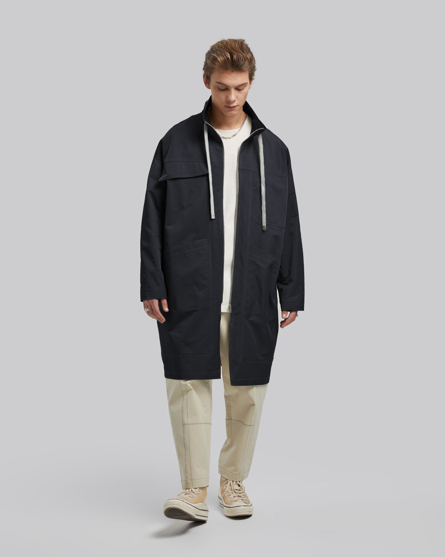 Drawstring Multi-Pocket Long Coat - Charcoal, S image