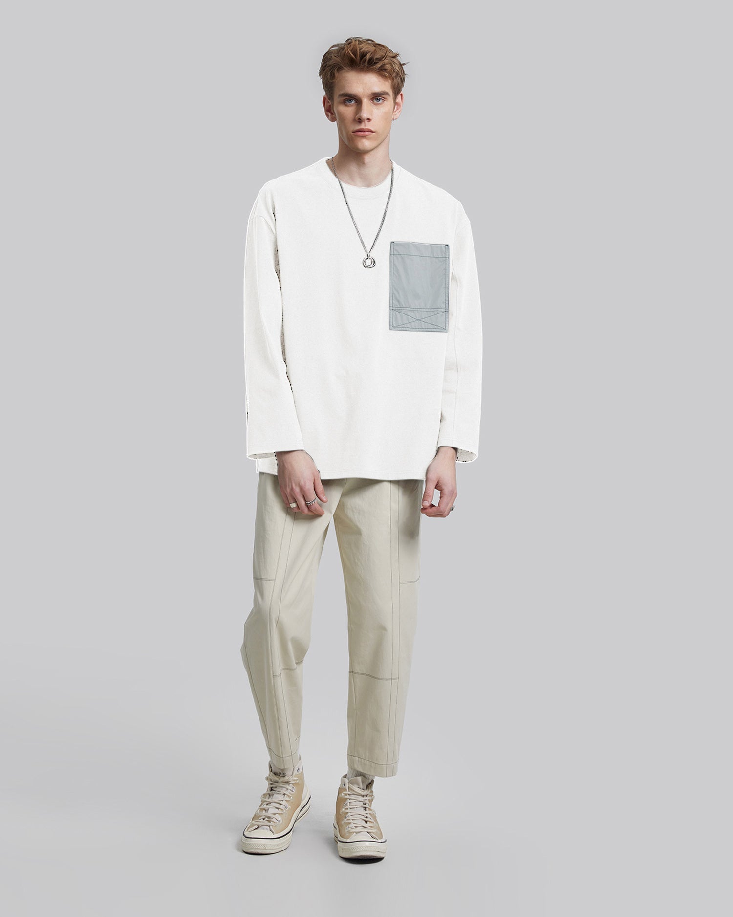 Exposed Seam Pocket Sweatshirt - Beige, L image