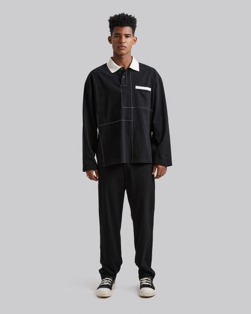 Long-Sleeve Polo with Split-Lines - Black, XL image