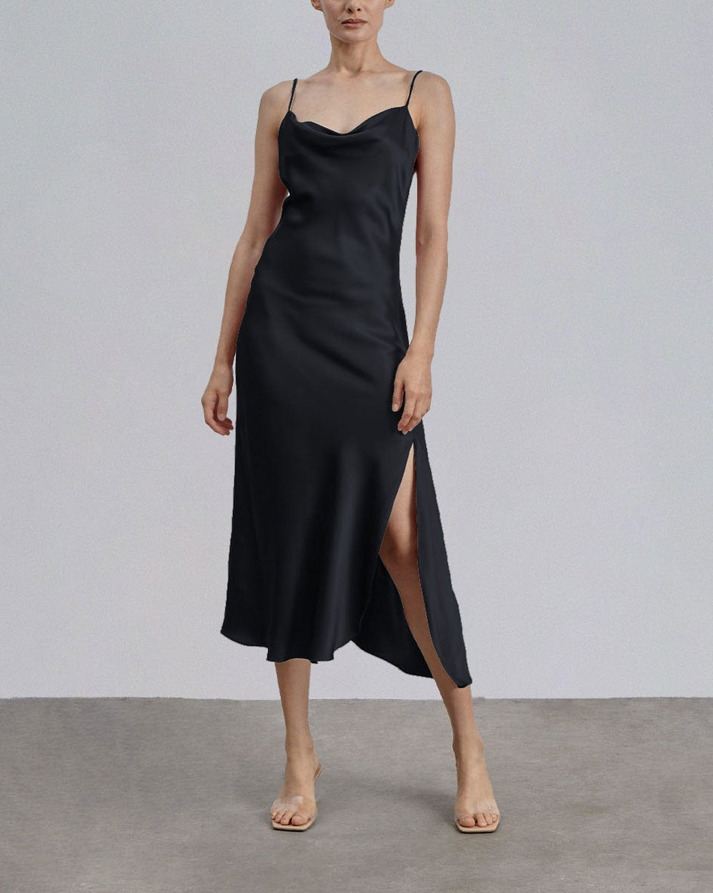 Spaghetti Strap Bias Cut Silk Dress - MIDNIGHT-BLACK, XXXL image