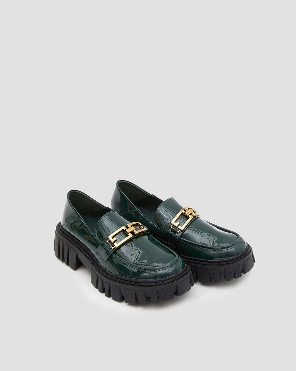 Shiny Leather Loafers With Chain - DarkGreen, 6 image