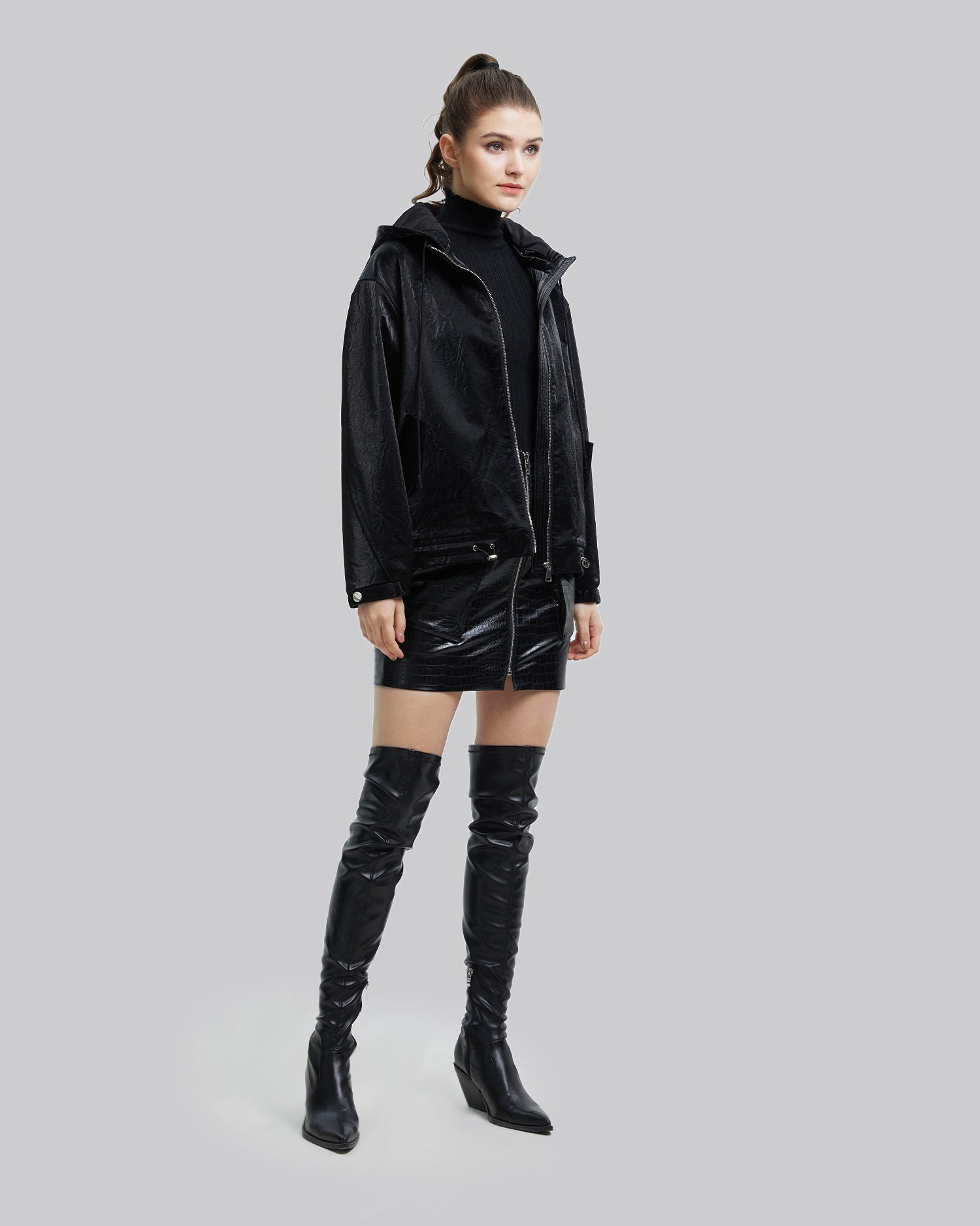 Sanded Faux-Leather Hooded Jacket - Black, S image