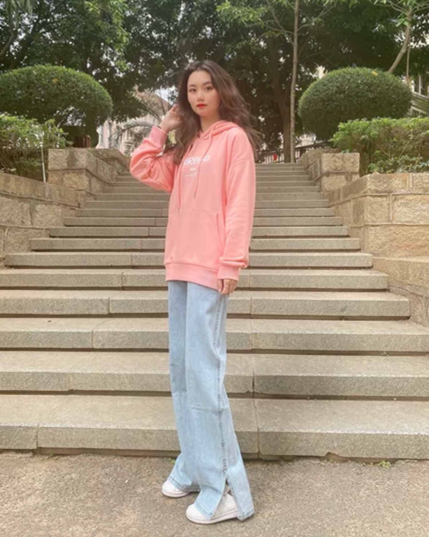 Basic Kangaroo Pocket Drawstring Hoodie - Dusty Pink, M image