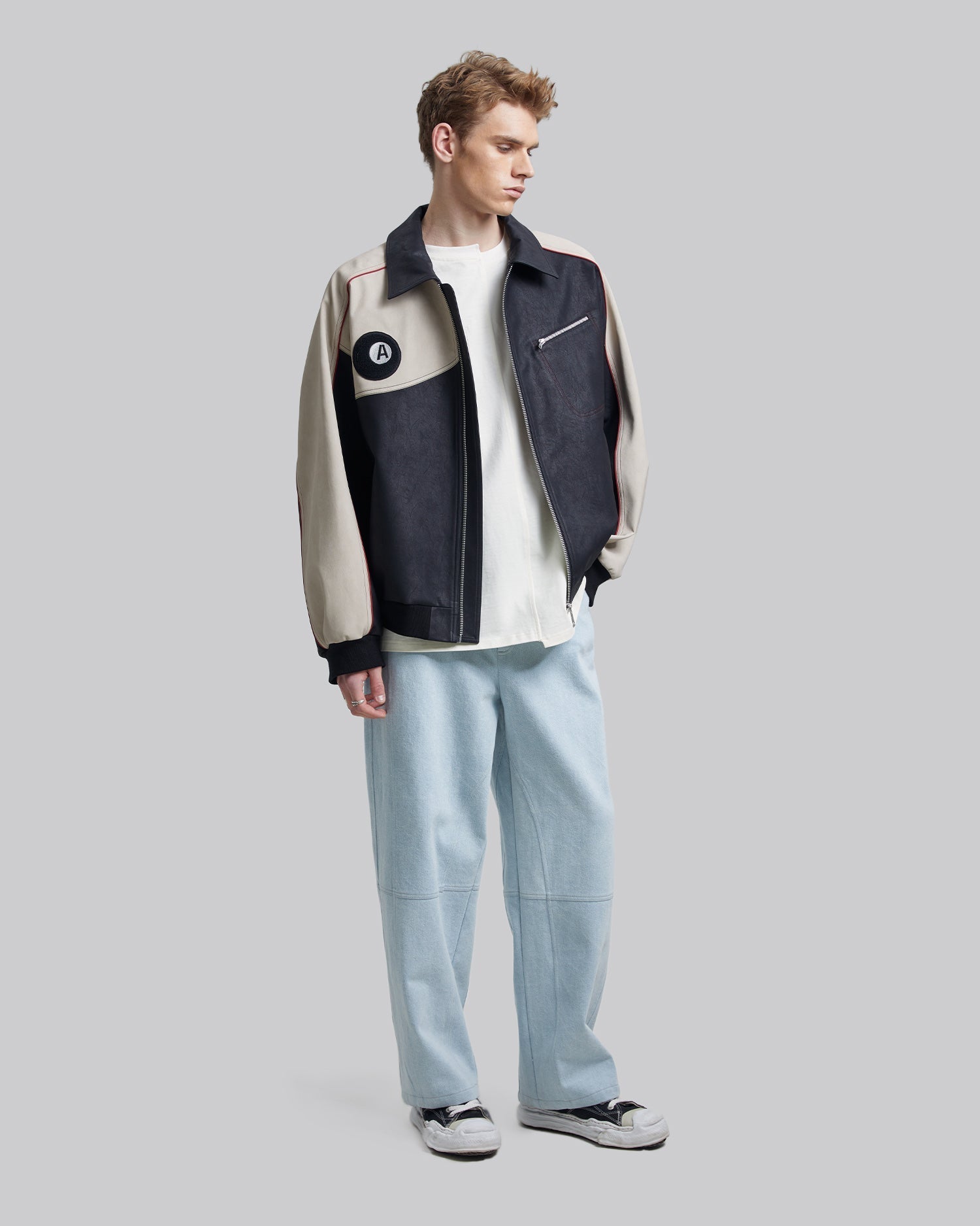 Patchwork Leather-Like Jacket - Black &amp; Greige, M image