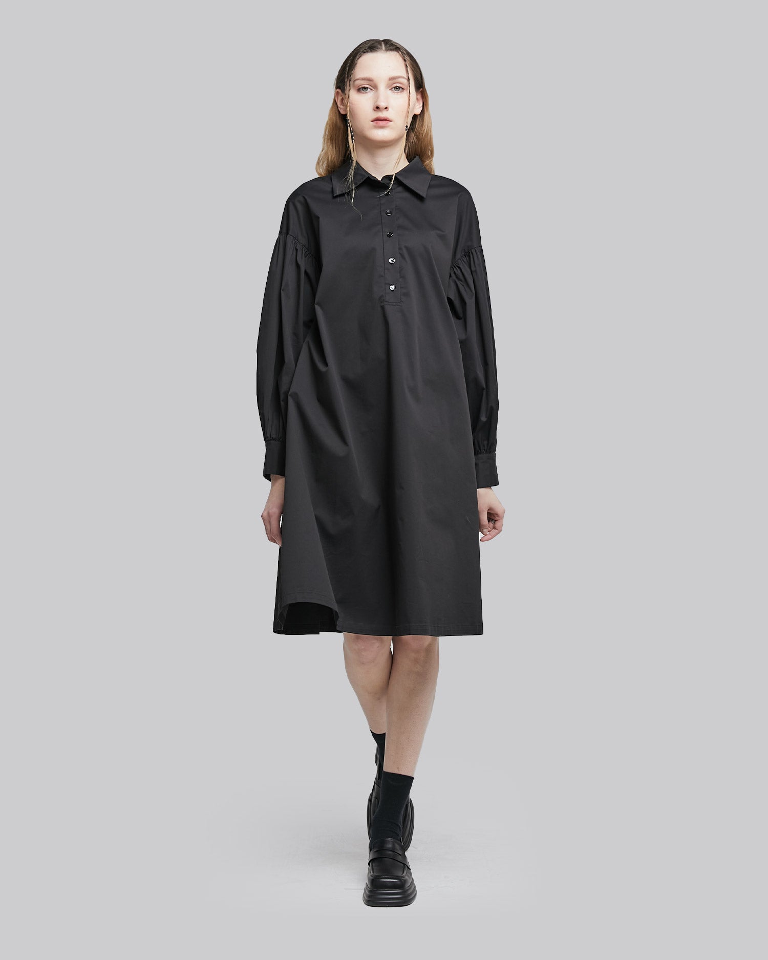 Long Sleeve Cotton-Blend Dress - Black, XS image