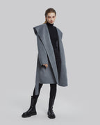 Hooded Wool Coat with Large V-Lapels - Smoke, M image