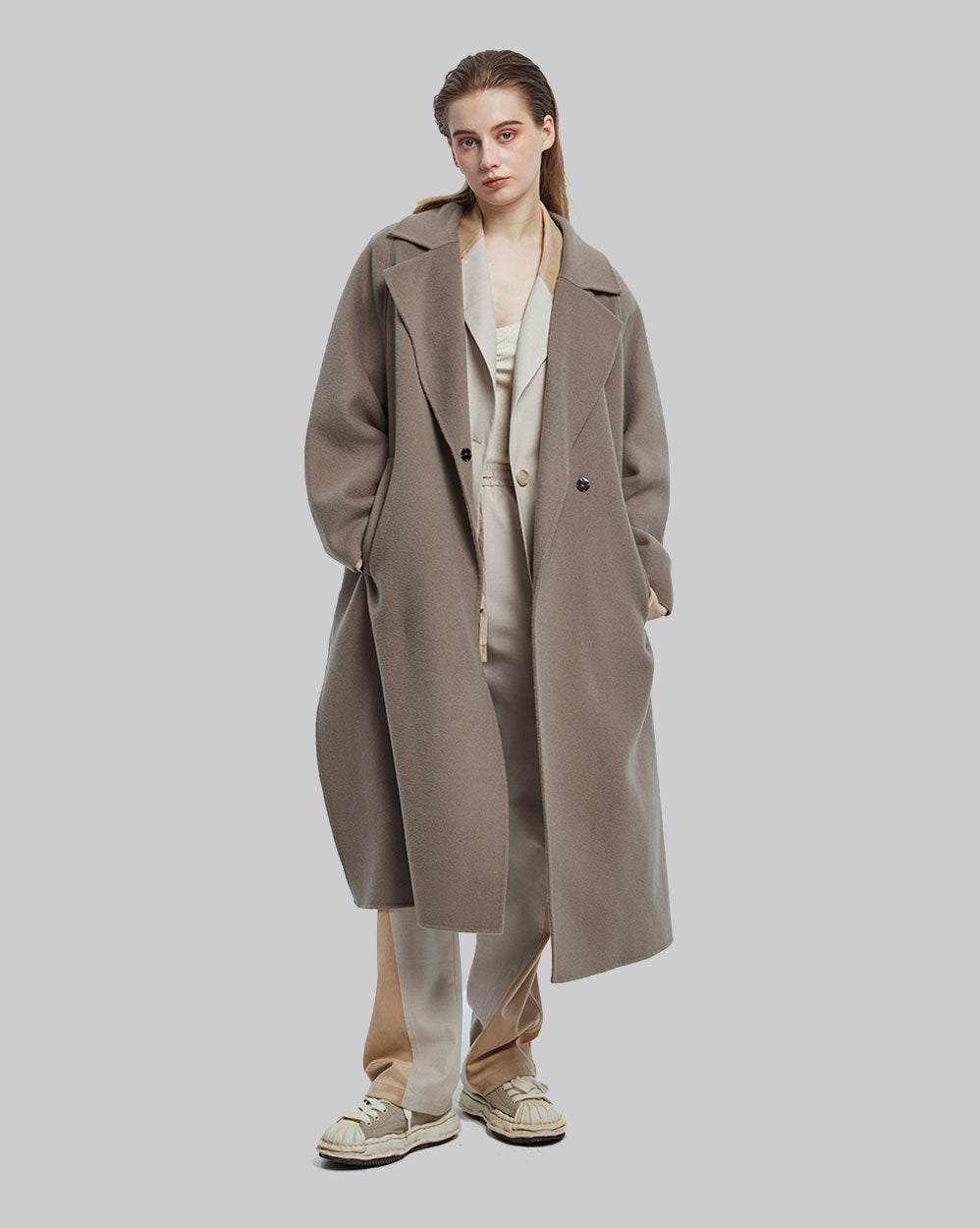 Single Buttoned Belted Wool Coat - Khaki, L image