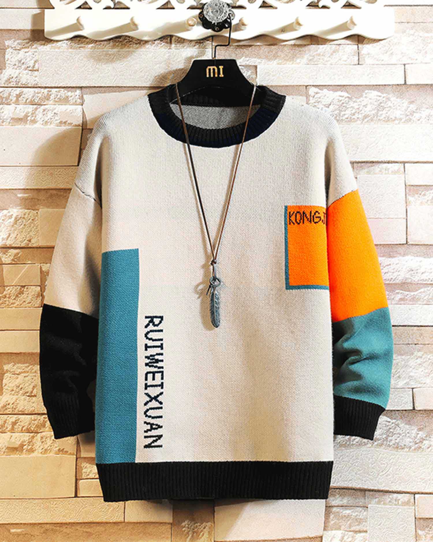 Crewneck Colorblock Knit Jumper - Light Grey, 5XL image
