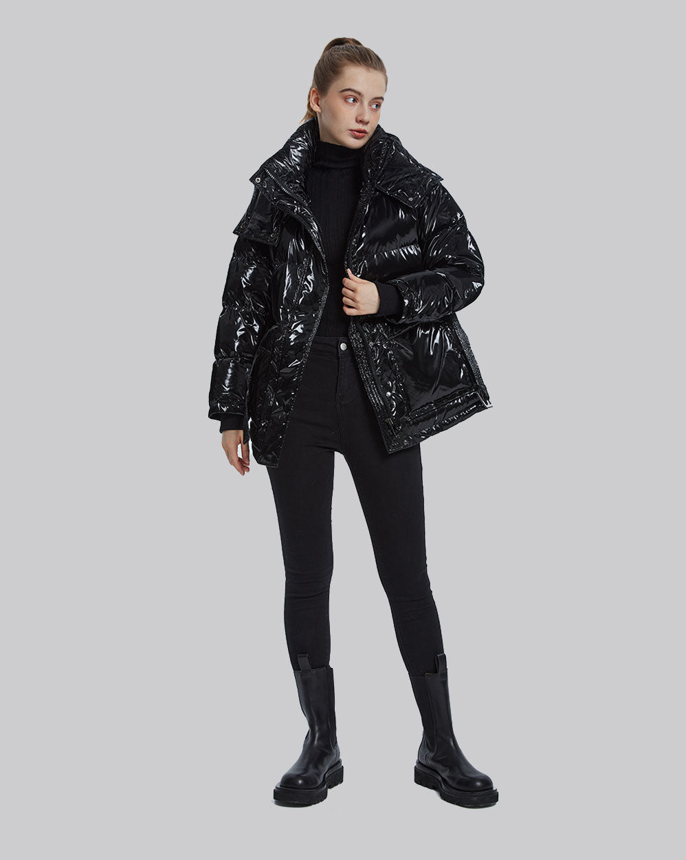 Shiny Belted Puffer Jacket - Black, M image