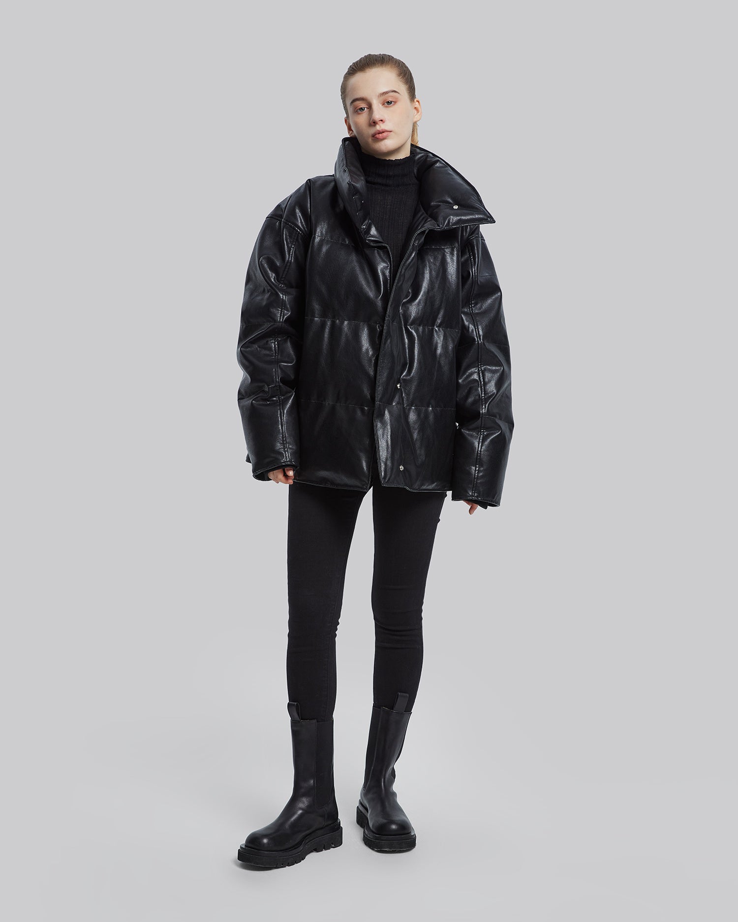 Leather-Like Down Jacket - Black, M image
