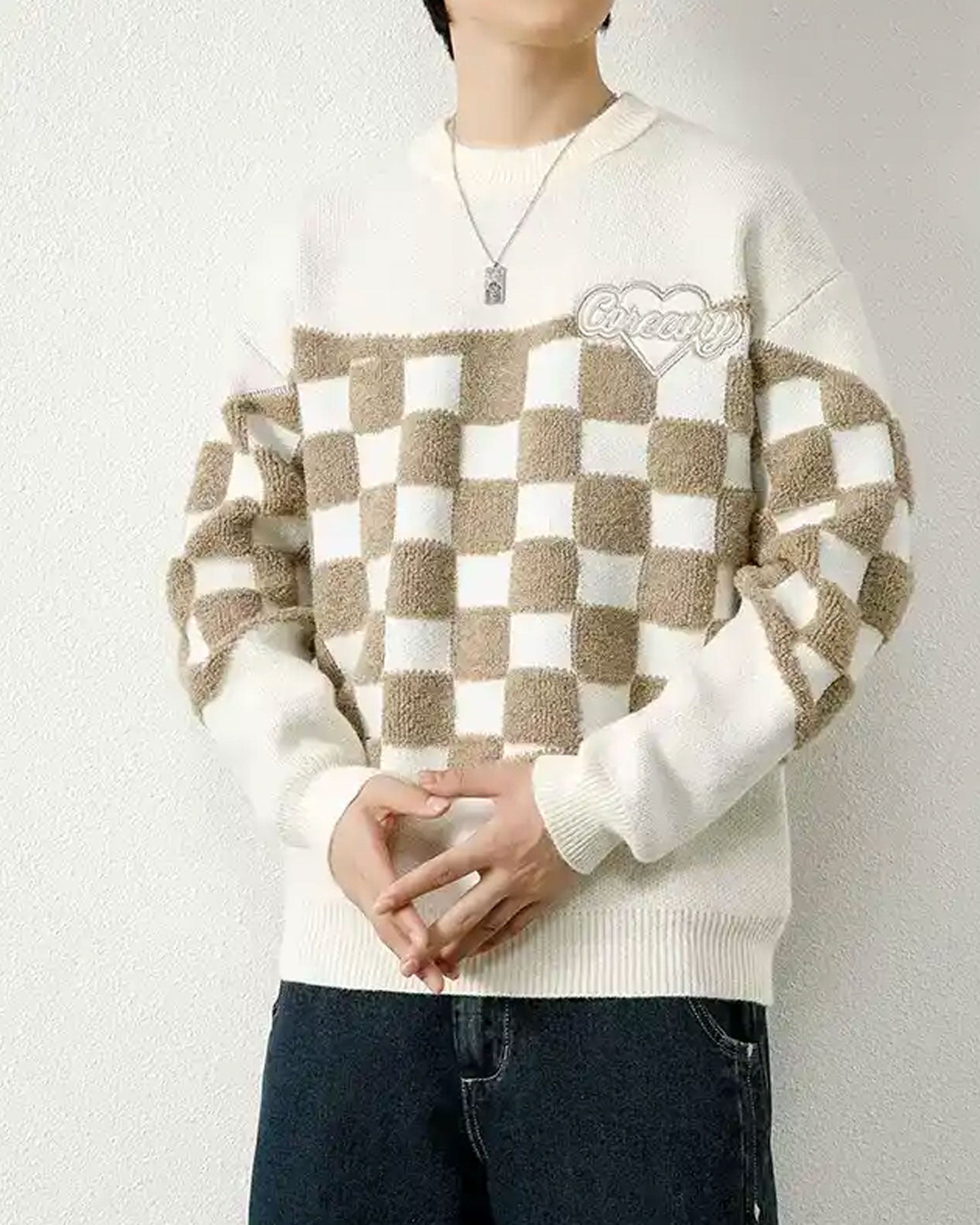 Checked Crewneck Jumper - White, XXXL image