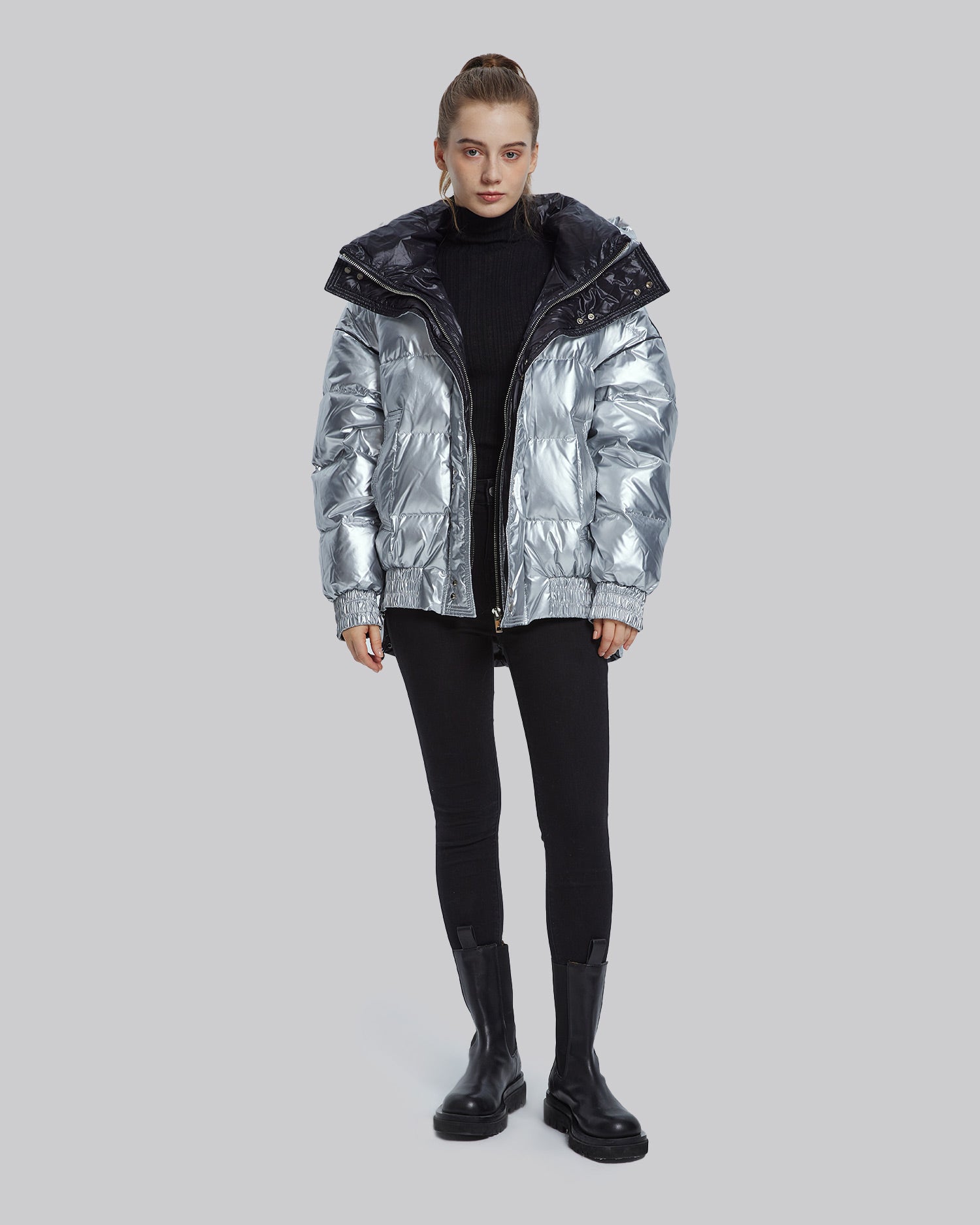 Adjustable Waistline Puffer Jacket - Silver, L image