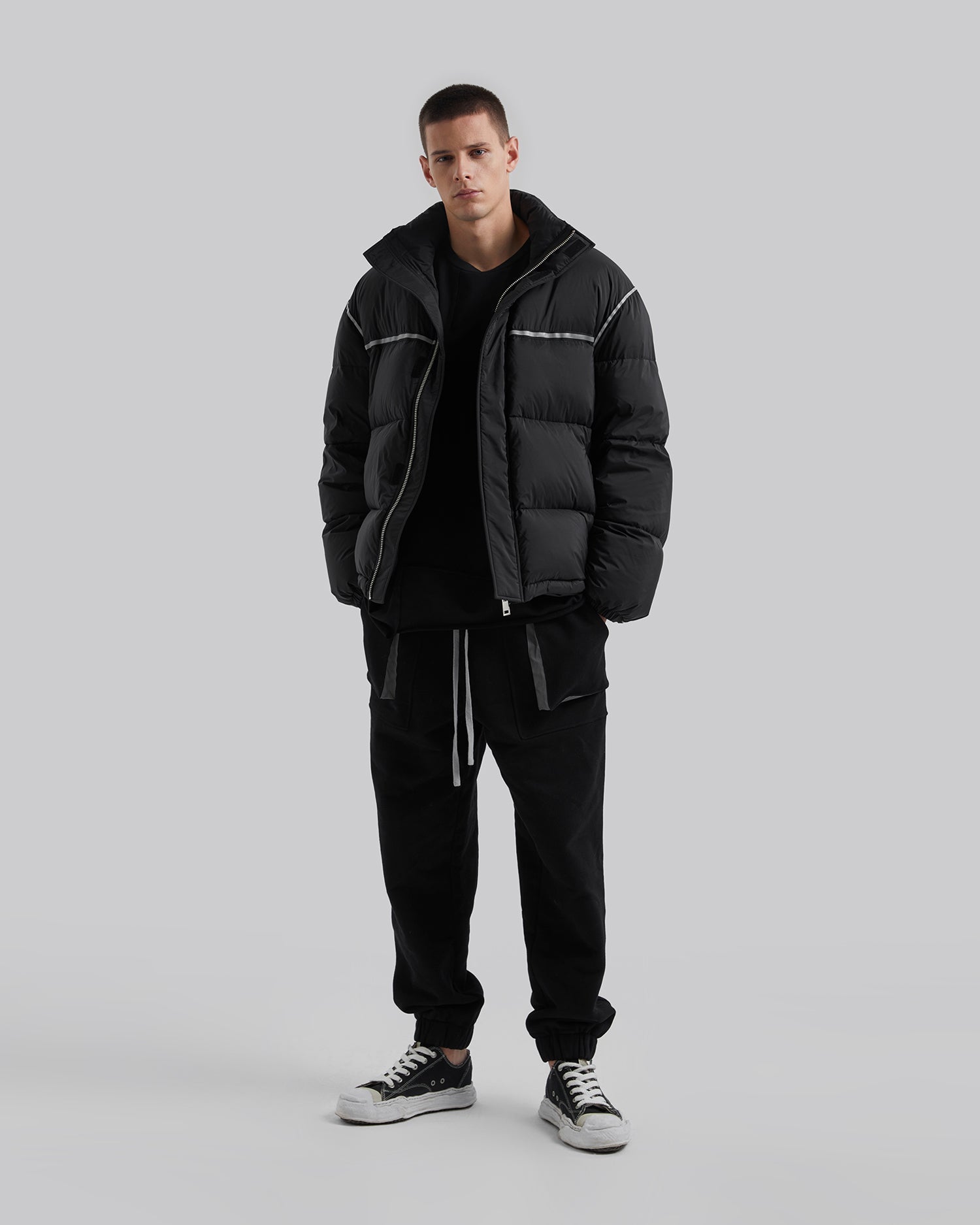 Oversize Reflective-Line Puffer Jacket - Black, S image