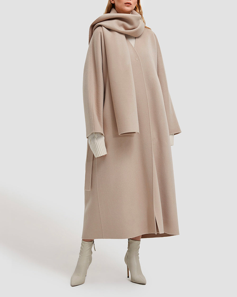 V Neck Maxi Length Wool Coat - Beige, S image