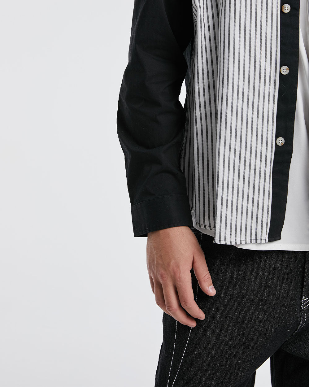 Black &amp; White Striped Patchwork Long-Sleeve Shirt image 6